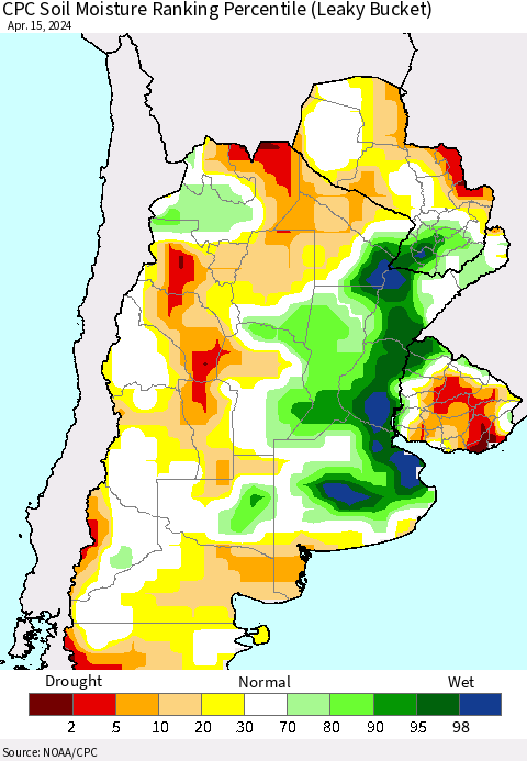 Southern South America CPC Soil Moisture Ranking Percentile (Leaky Bucket) Thematic Map For 4/11/2024 - 4/15/2024