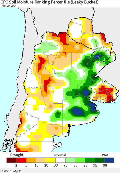 Southern South America CPC Soil Moisture Ranking Percentile (Leaky Bucket) Thematic Map For 4/16/2024 - 4/20/2024