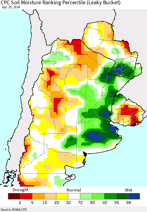 Southern South America CPC Soil Moisture Ranking Percentile (Leaky Bucket) Thematic Map For 4/21/2024 - 4/25/2024