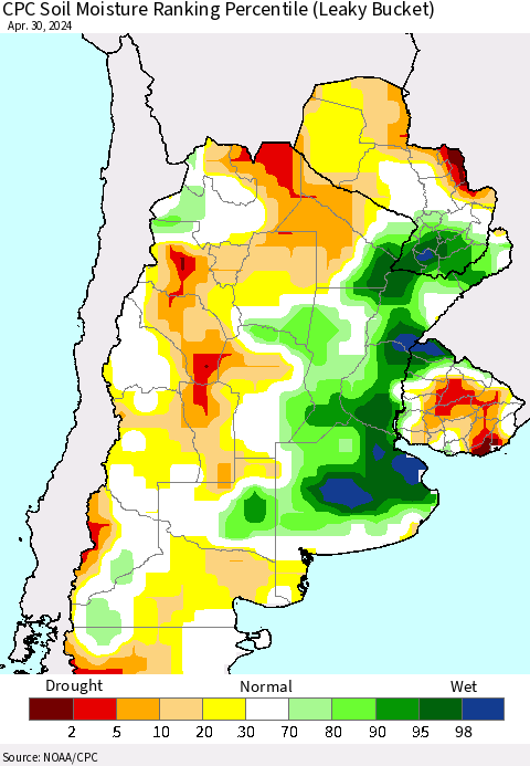 Southern South America CPC Soil Moisture Ranking Percentile (Leaky Bucket) Thematic Map For 4/26/2024 - 4/30/2024