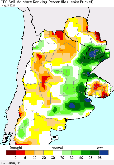 Southern South America CPC Soil Moisture Ranking Percentile (Leaky Bucket) Thematic Map For 5/1/2024 - 5/5/2024