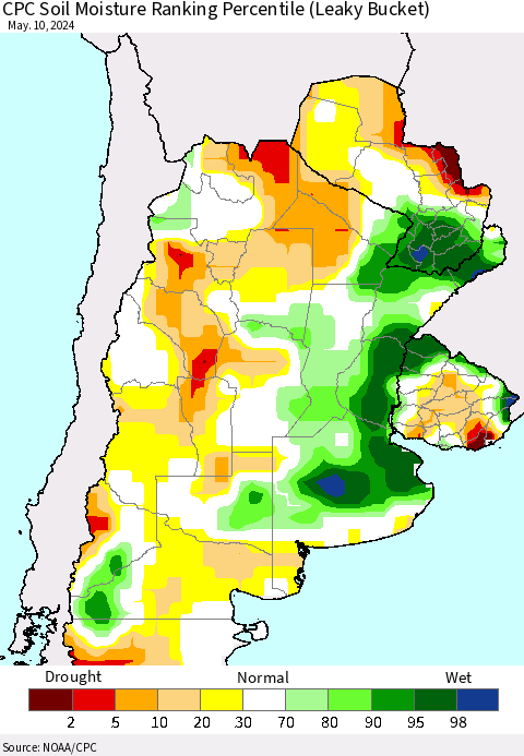 Southern South America CPC Soil Moisture Ranking Percentile (Leaky Bucket) Thematic Map For 5/6/2024 - 5/10/2024
