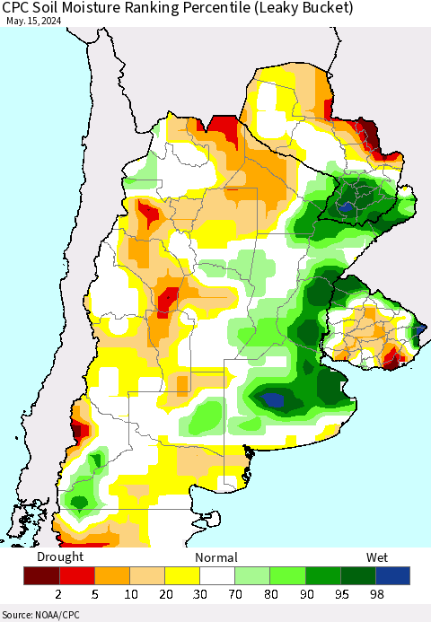 Southern South America CPC Soil Moisture Ranking Percentile (Leaky Bucket) Thematic Map For 5/11/2024 - 5/15/2024