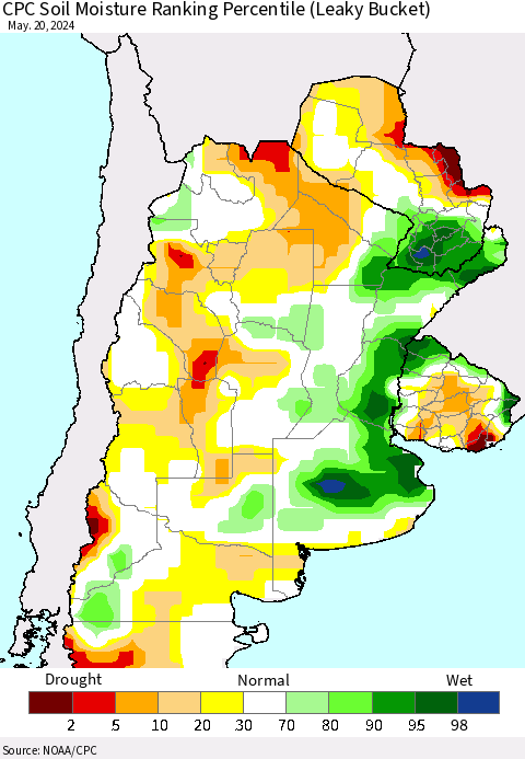Southern South America CPC Soil Moisture Ranking Percentile (Leaky Bucket) Thematic Map For 5/16/2024 - 5/20/2024