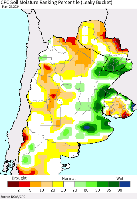 Southern South America CPC Soil Moisture Ranking Percentile (Leaky Bucket) Thematic Map For 5/21/2024 - 5/25/2024