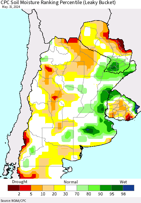 Southern South America CPC Soil Moisture Ranking Percentile (Leaky Bucket) Thematic Map For 5/26/2024 - 5/31/2024