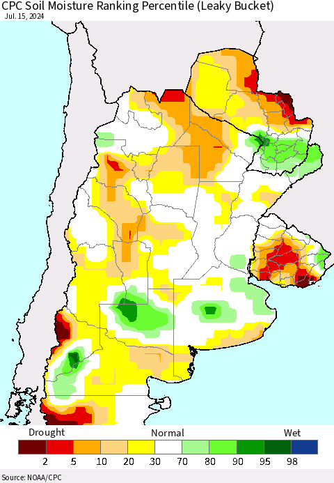 Southern South America CPC Soil Moisture Ranking Percentile (Leaky Bucket) Thematic Map For 7/11/2024 - 7/15/2024