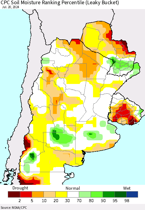 Southern South America CPC Soil Moisture Ranking Percentile (Leaky Bucket) Thematic Map For 7/16/2024 - 7/20/2024