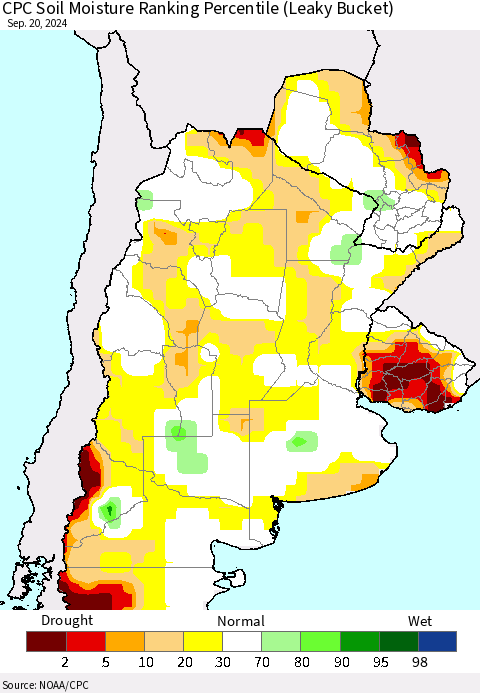 Southern South America CPC Soil Moisture Ranking Percentile (Leaky Bucket) Thematic Map For 9/16/2024 - 9/20/2024
