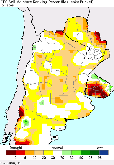 Southern South America CPC Soil Moisture Ranking Percentile (Leaky Bucket) Thematic Map For 10/1/2024 - 10/5/2024