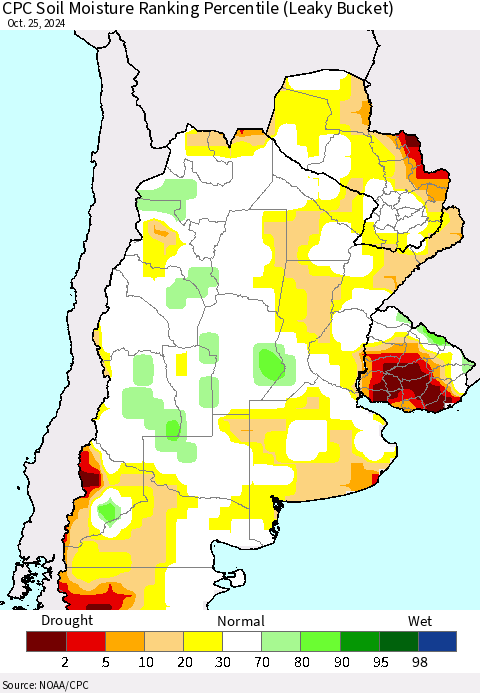 Southern South America CPC Soil Moisture Ranking Percentile (Leaky Bucket) Thematic Map For 10/21/2024 - 10/25/2024