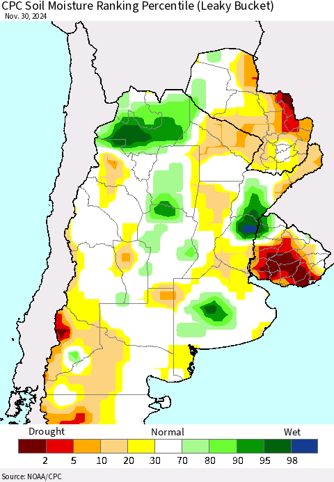 Southern South America CPC Soil Moisture Ranking Percentile (Leaky Bucket) Thematic Map For 11/26/2024 - 11/30/2024