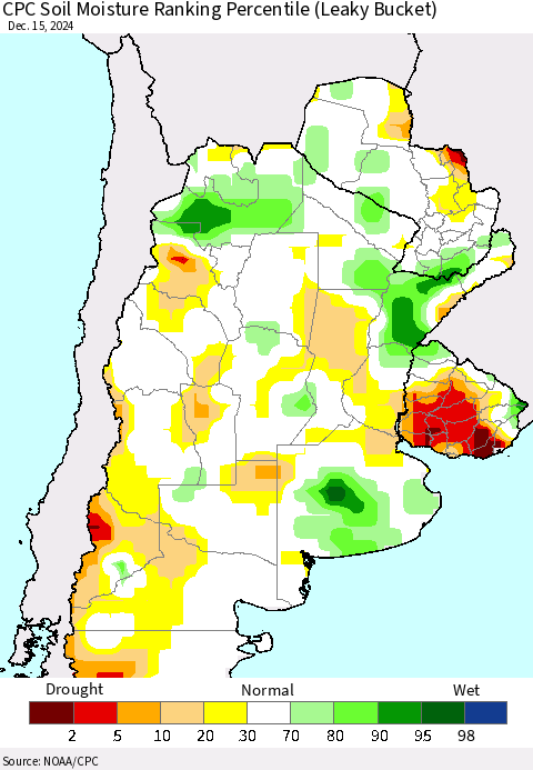 Southern South America CPC Soil Moisture Ranking Percentile (Leaky Bucket) Thematic Map For 12/11/2024 - 12/15/2024