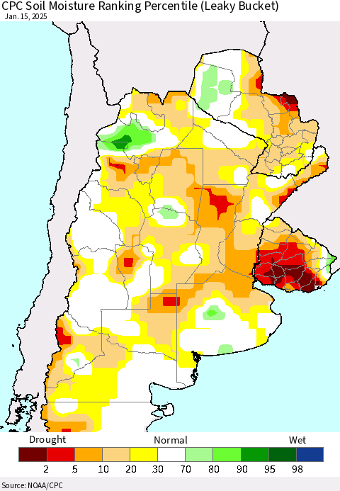 Southern South America CPC Soil Moisture Ranking Percentile (Leaky Bucket) Thematic Map For 1/11/2025 - 1/15/2025