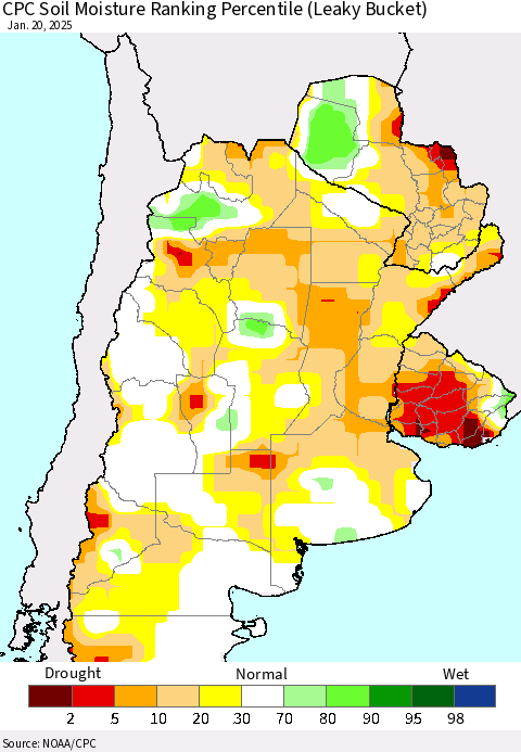 Southern South America CPC Soil Moisture Ranking Percentile (Leaky Bucket) Thematic Map For 1/16/2025 - 1/20/2025