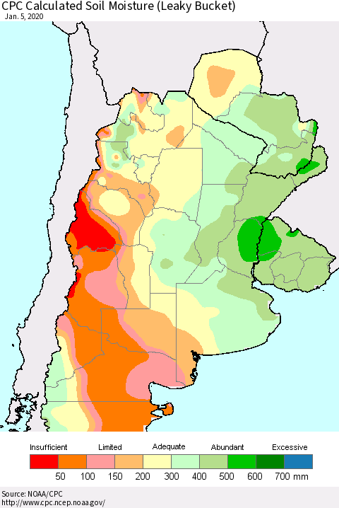 Southern South America CPC Soil Moisture (Leaky Bucket) Thematic Map For 1/1/2020 - 1/5/2020