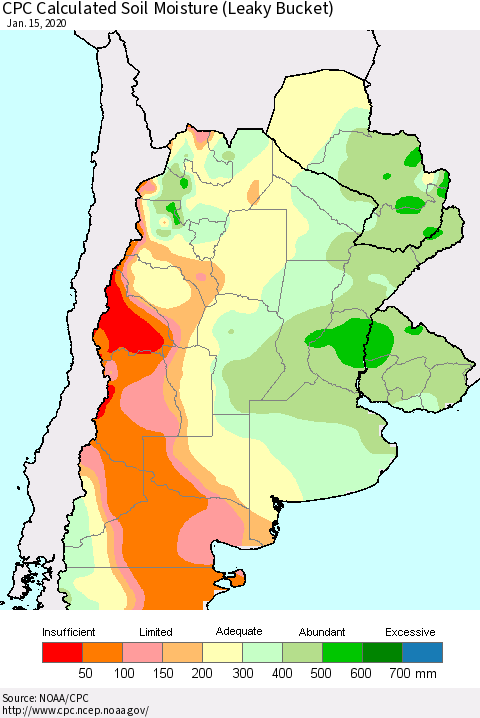 Southern South America CPC Soil Moisture (Leaky Bucket) Thematic Map For 1/11/2020 - 1/15/2020