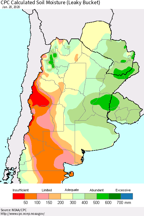Southern South America CPC Soil Moisture (Leaky Bucket) Thematic Map For 1/16/2020 - 1/20/2020