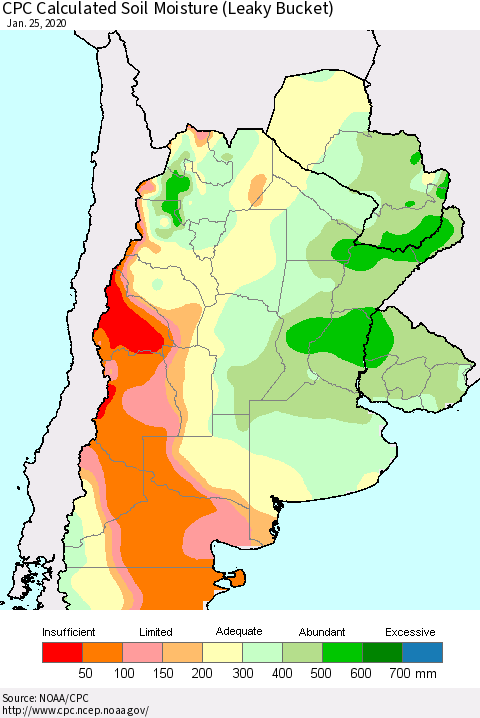 Southern South America CPC Soil Moisture (Leaky Bucket) Thematic Map For 1/21/2020 - 1/25/2020