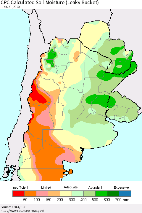 Southern South America CPC Soil Moisture (Leaky Bucket) Thematic Map For 1/26/2020 - 1/31/2020
