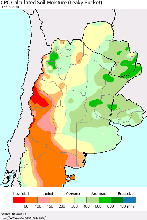 Southern South America CPC Soil Moisture (Leaky Bucket) Thematic Map For 2/1/2020 - 2/5/2020