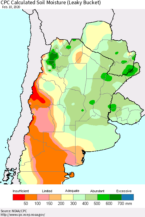 Southern South America CPC Soil Moisture (Leaky Bucket) Thematic Map For 2/6/2020 - 2/10/2020