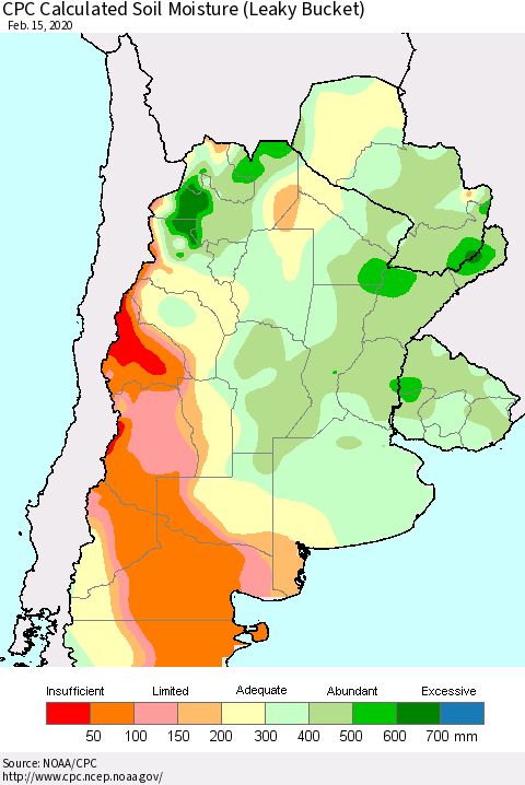 Southern South America CPC Soil Moisture (Leaky Bucket) Thematic Map For 2/11/2020 - 2/15/2020