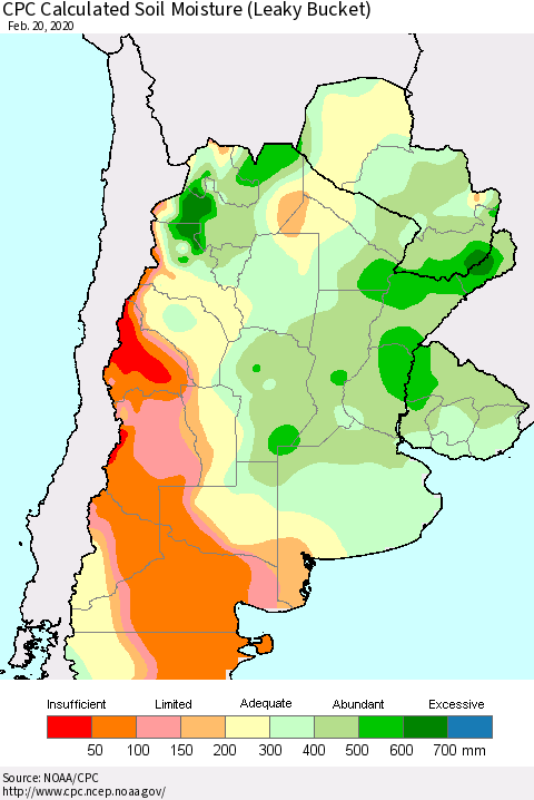 Southern South America CPC Soil Moisture (Leaky Bucket) Thematic Map For 2/16/2020 - 2/20/2020