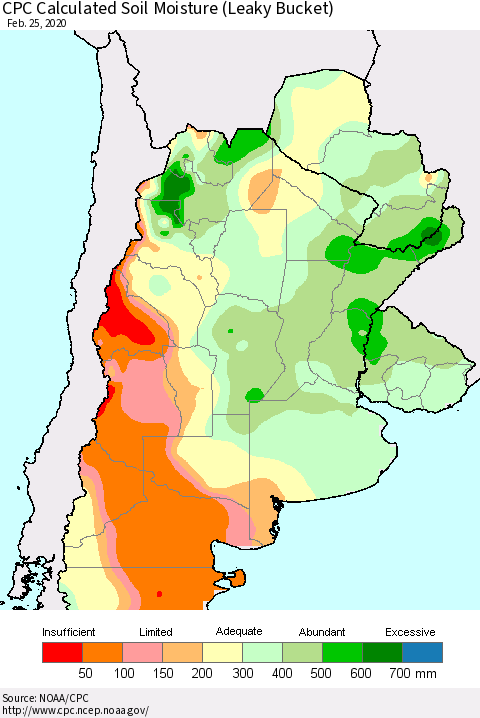 Southern South America CPC Soil Moisture (Leaky Bucket) Thematic Map For 2/21/2020 - 2/25/2020