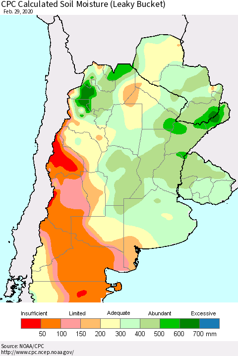 Southern South America CPC Soil Moisture (Leaky Bucket) Thematic Map For 2/26/2020 - 2/29/2020