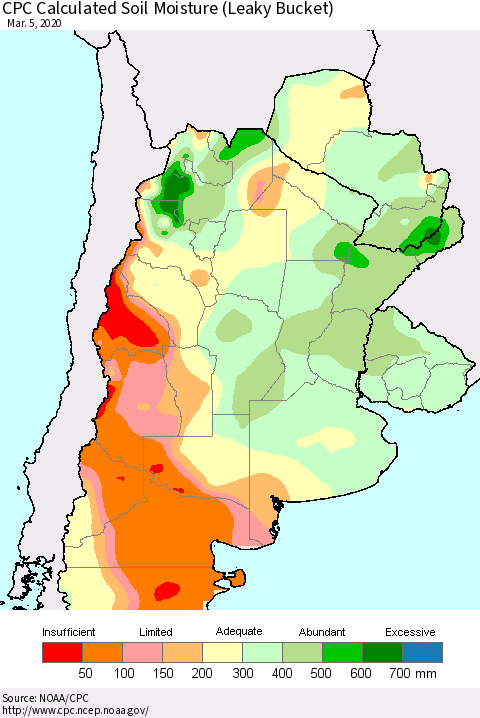 Southern South America CPC Soil Moisture (Leaky Bucket) Thematic Map For 3/1/2020 - 3/5/2020