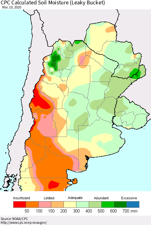 Southern South America CPC Soil Moisture (Leaky Bucket) Thematic Map For 3/6/2020 - 3/10/2020