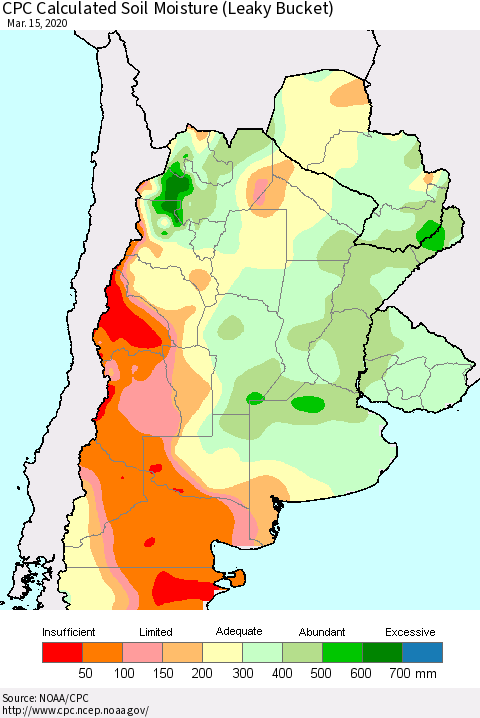 Southern South America CPC Soil Moisture (Leaky Bucket) Thematic Map For 3/11/2020 - 3/15/2020