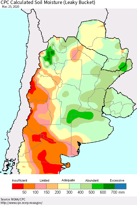 Southern South America CPC Soil Moisture (Leaky Bucket) Thematic Map For 3/21/2020 - 3/25/2020
