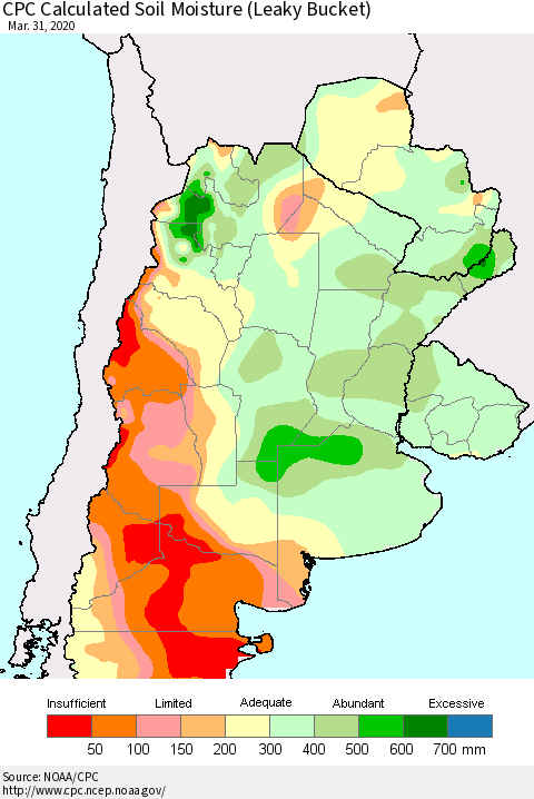 Southern South America CPC Soil Moisture (Leaky Bucket) Thematic Map For 3/26/2020 - 3/31/2020