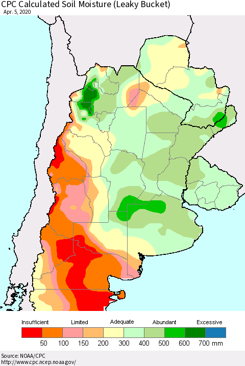 Southern South America CPC Soil Moisture (Leaky Bucket) Thematic Map For 4/1/2020 - 4/5/2020