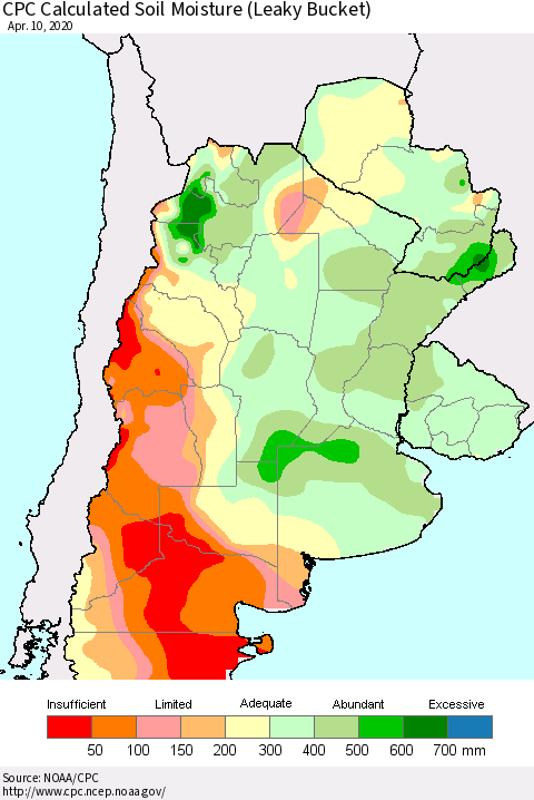 Southern South America CPC Soil Moisture (Leaky Bucket) Thematic Map For 4/6/2020 - 4/10/2020