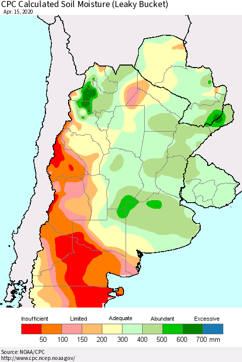 Southern South America CPC Soil Moisture (Leaky Bucket) Thematic Map For 4/11/2020 - 4/15/2020