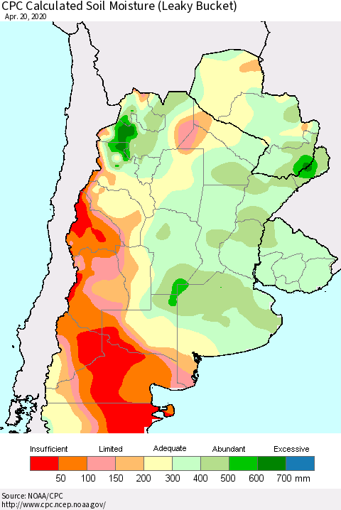 Southern South America CPC Soil Moisture (Leaky Bucket) Thematic Map For 4/16/2020 - 4/20/2020