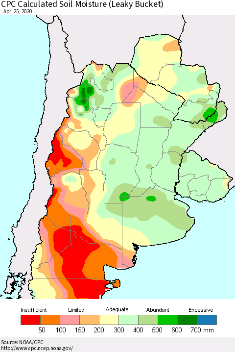 Southern South America CPC Soil Moisture (Leaky Bucket) Thematic Map For 4/21/2020 - 4/25/2020