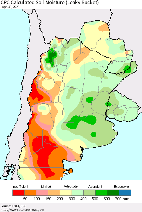Southern South America CPC Soil Moisture (Leaky Bucket) Thematic Map For 4/26/2020 - 4/30/2020