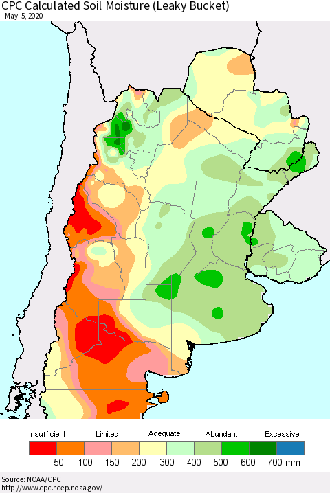 Southern South America CPC Soil Moisture (Leaky Bucket) Thematic Map For 5/1/2020 - 5/5/2020