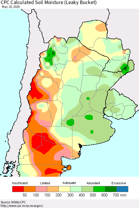 Southern South America CPC Soil Moisture (Leaky Bucket) Thematic Map For 5/6/2020 - 5/10/2020