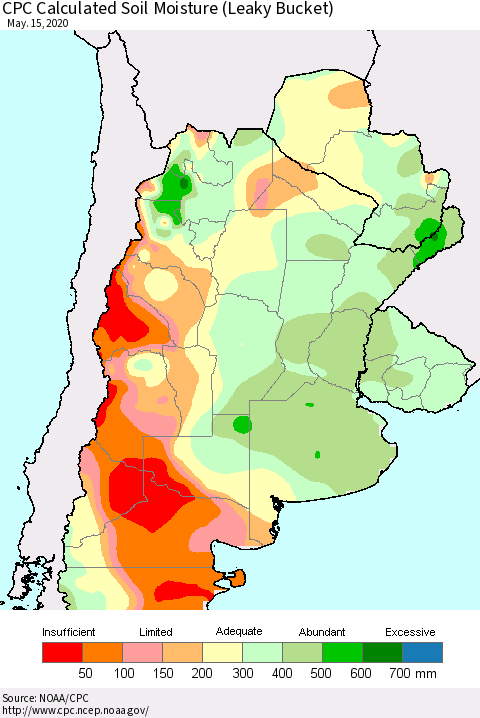 Southern South America CPC Soil Moisture (Leaky Bucket) Thematic Map For 5/11/2020 - 5/15/2020
