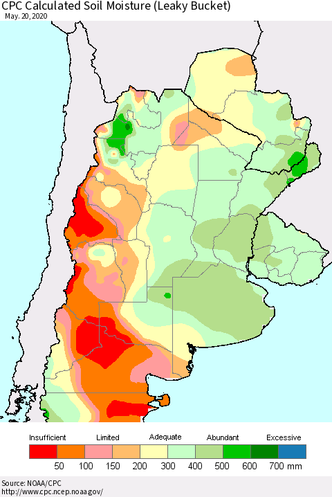 Southern South America CPC Soil Moisture (Leaky Bucket) Thematic Map For 5/16/2020 - 5/20/2020
