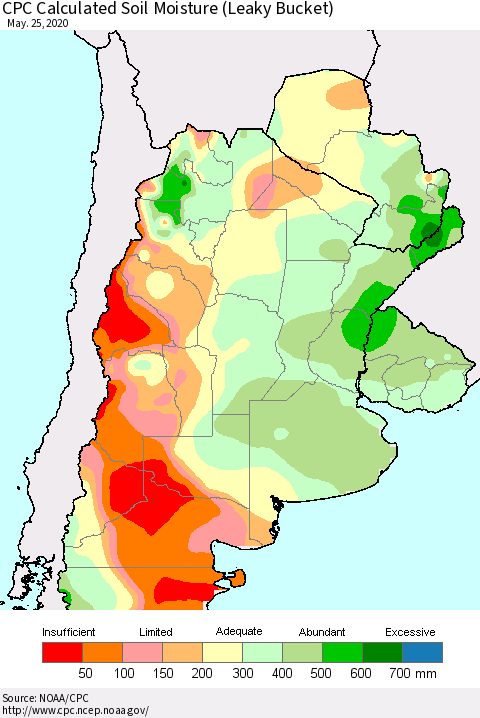 Southern South America CPC Soil Moisture (Leaky Bucket) Thematic Map For 5/21/2020 - 5/25/2020