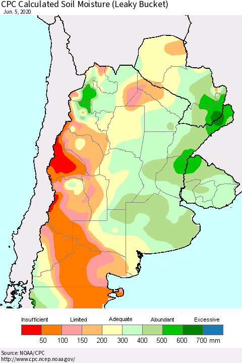 Southern South America CPC Soil Moisture (Leaky Bucket) Thematic Map For 6/1/2020 - 6/5/2020