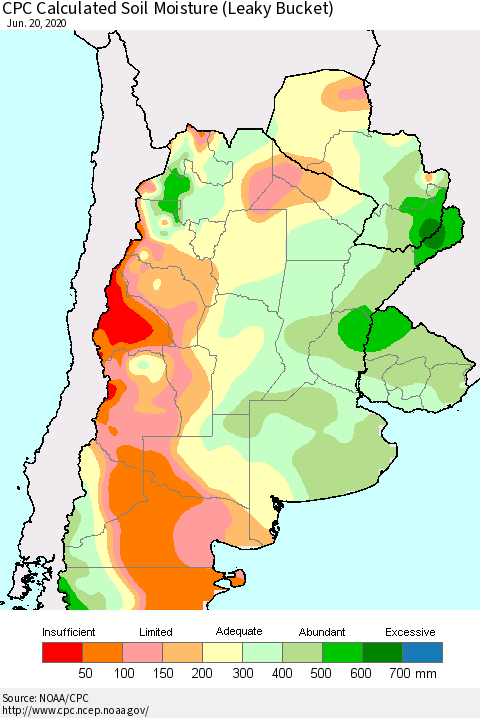 Southern South America CPC Soil Moisture (Leaky Bucket) Thematic Map For 6/16/2020 - 6/20/2020