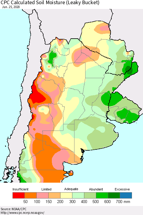 Southern South America CPC Soil Moisture (Leaky Bucket) Thematic Map For 6/21/2020 - 6/25/2020