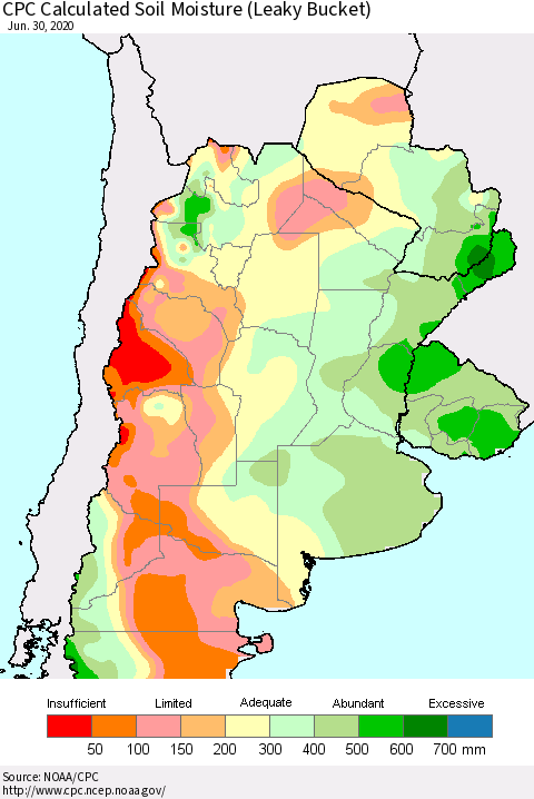 Southern South America CPC Soil Moisture (Leaky Bucket) Thematic Map For 6/26/2020 - 6/30/2020